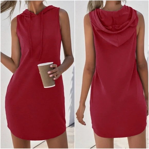 Cozy Navy Blue Minimalist Sleeveless Hoodie Casual Dress - Picture 2 of 7